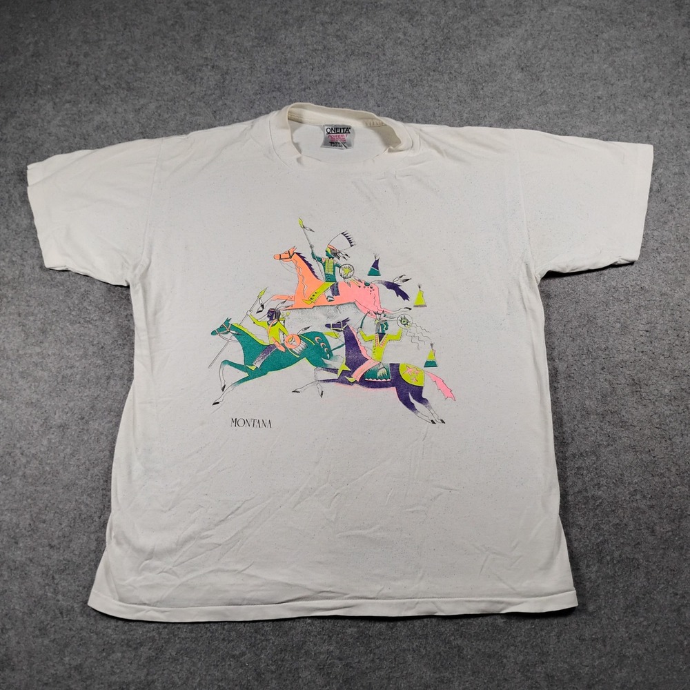 Vintage 90s Oneita Montana Native American Graphic T Shirt White Large Single St